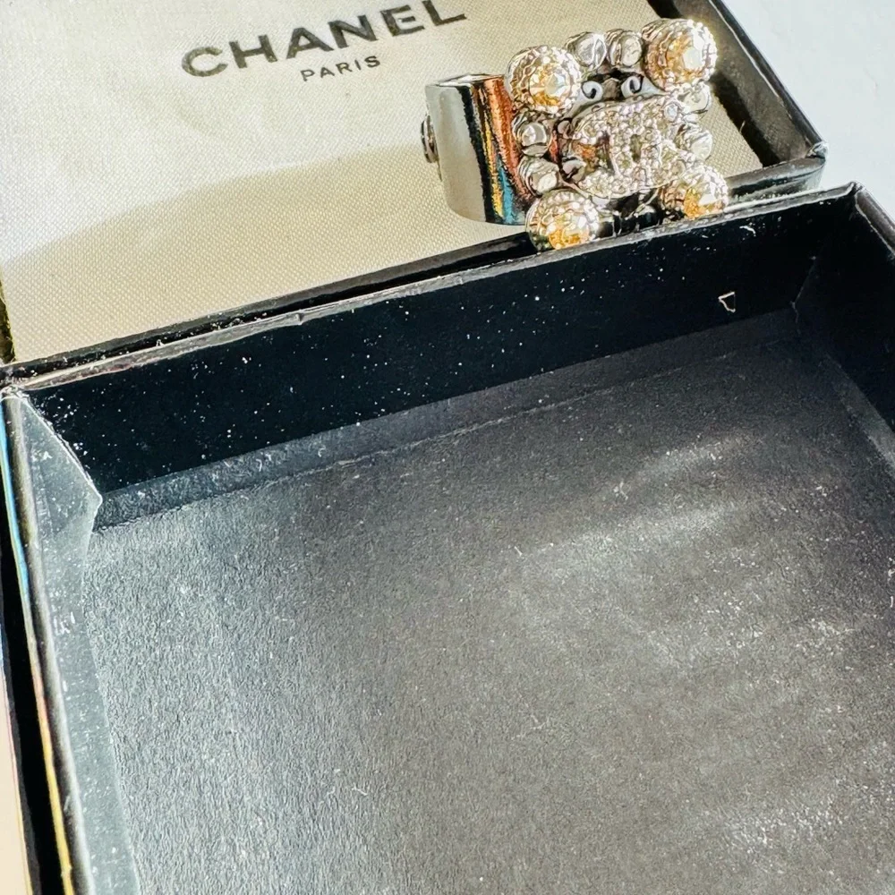CHANEL Silver and Black Crystal Ring
